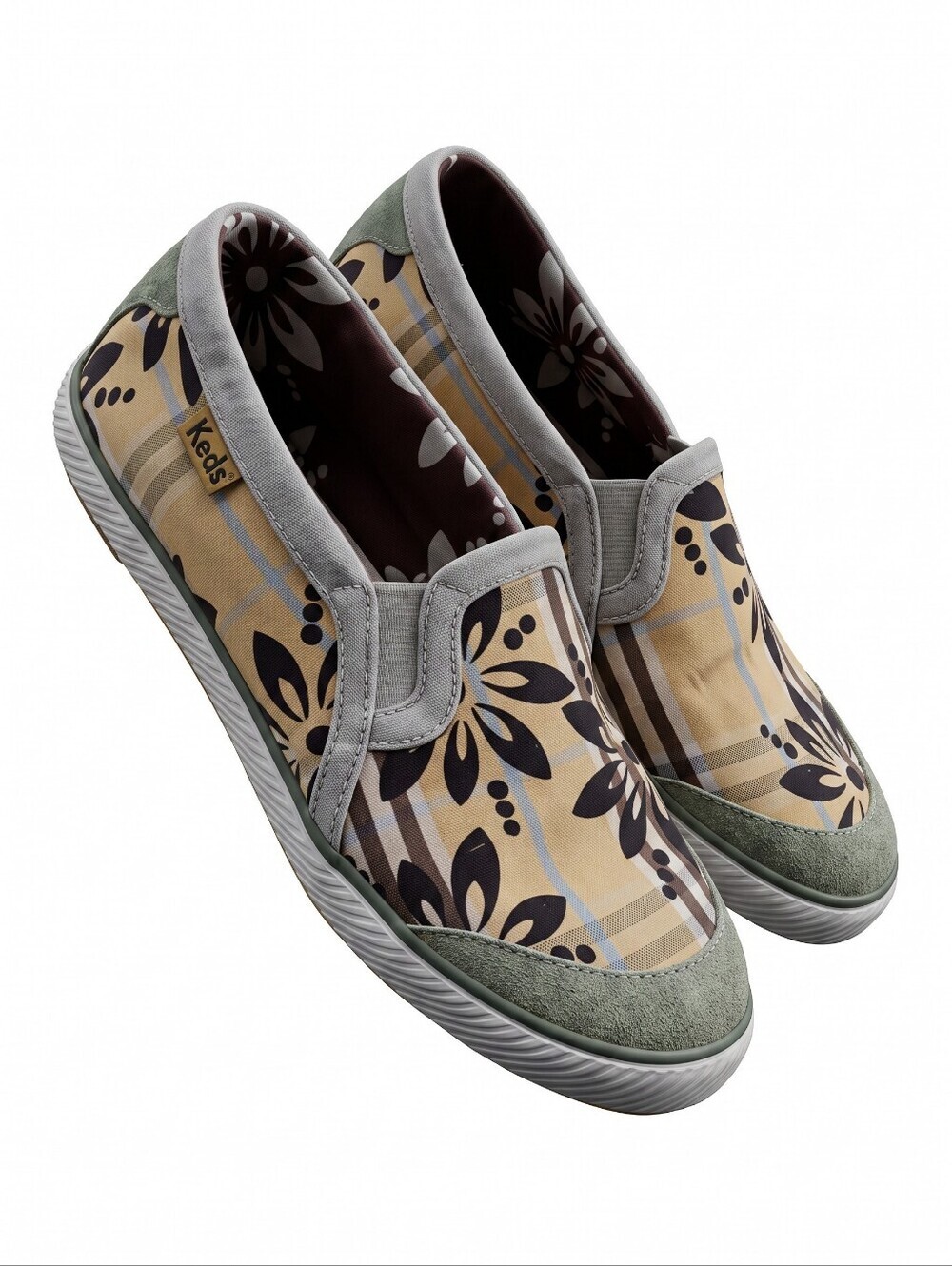 Keds Island Plaid Floral Double Decker Slip-On Sneakers Brown And Butter Yellow